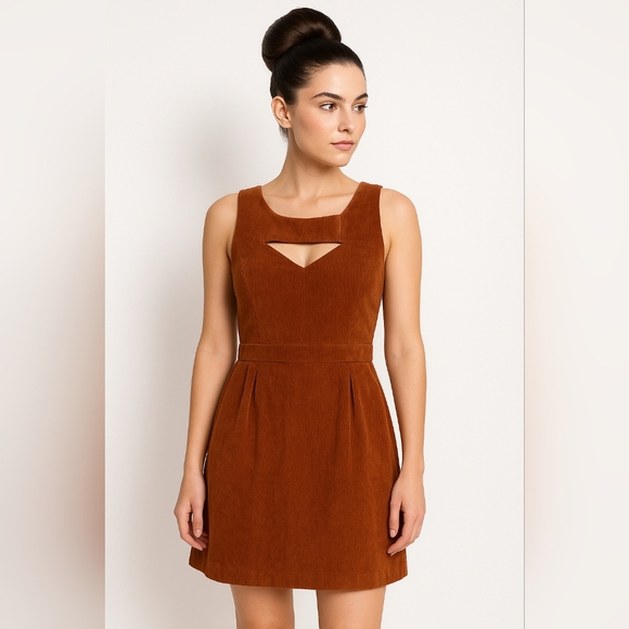 LEONA by LAUREN LEONARD Sz 2 Corduroy Cut Out Brown Shift Dress Sleeveless Lined - Picture 1 of 15